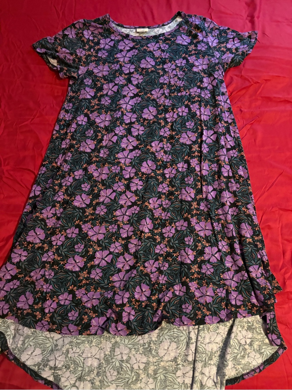 LuLaRoe women’s size Large Purple Floral Midi Dress with Green Leaf Motif
